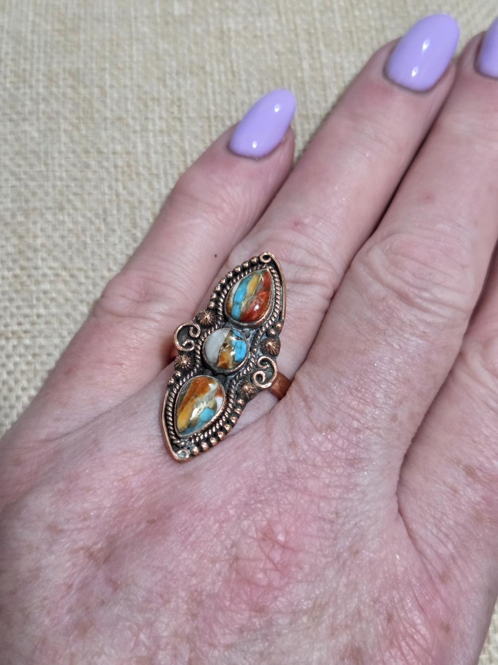 Spiny Oyster Turquoise Multicolor Inlay Teardrop Statement Ring - Picture 2 of 2
